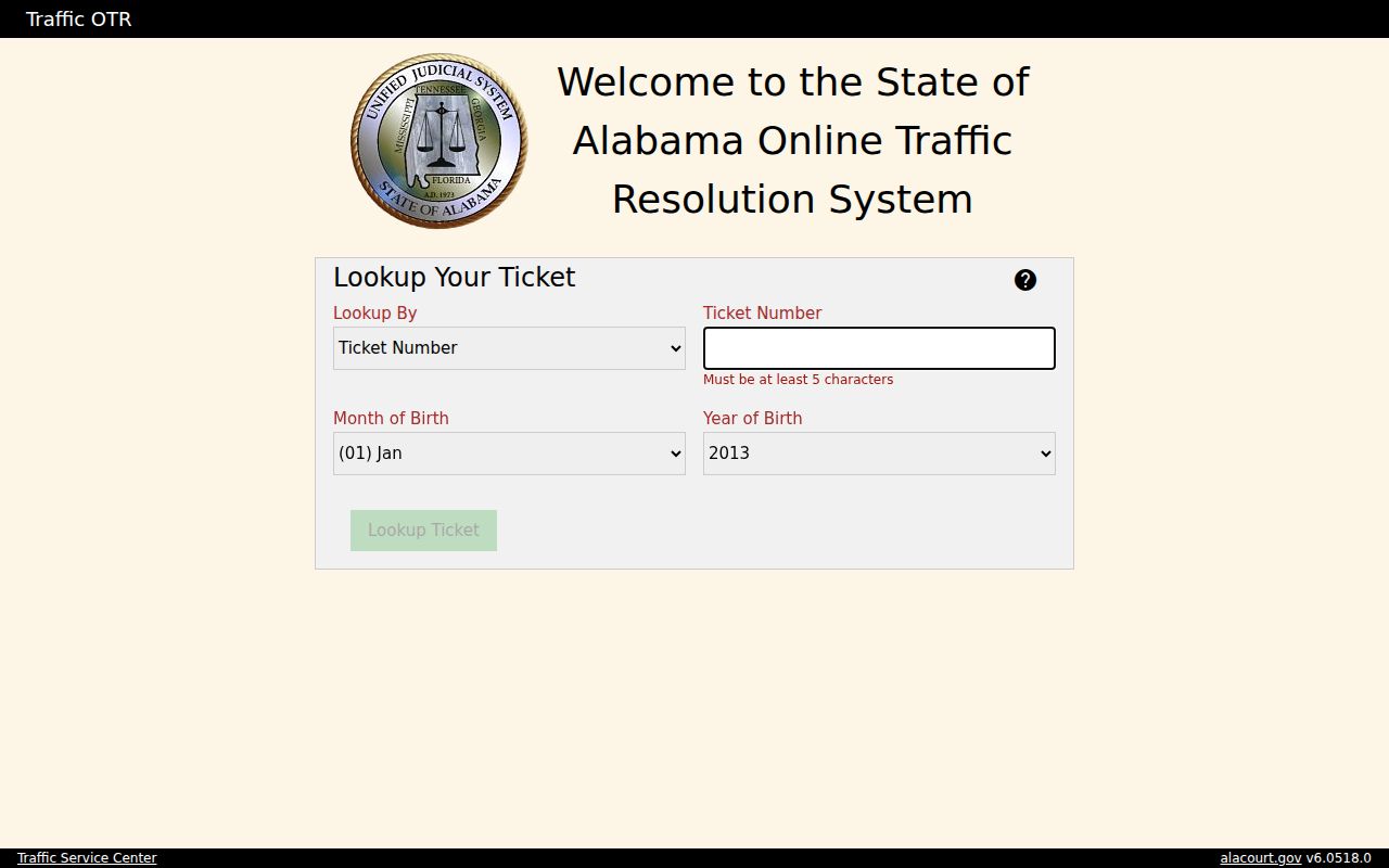 Online Traffic Resolution fields for a Colbert County traffic warrant case