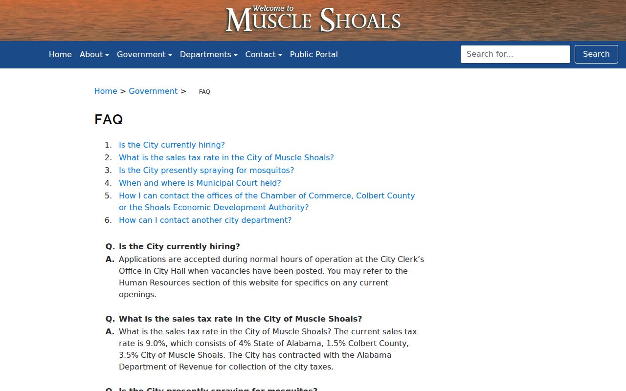 Muscle Shoals, Colbert County warrant court information on the official city FAQ