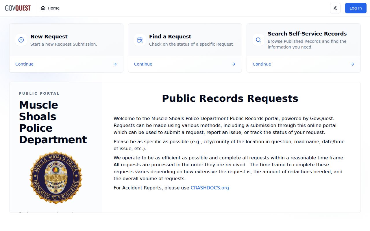 Muscle Shoals, Colbert County warrant records request paths in the official police portal