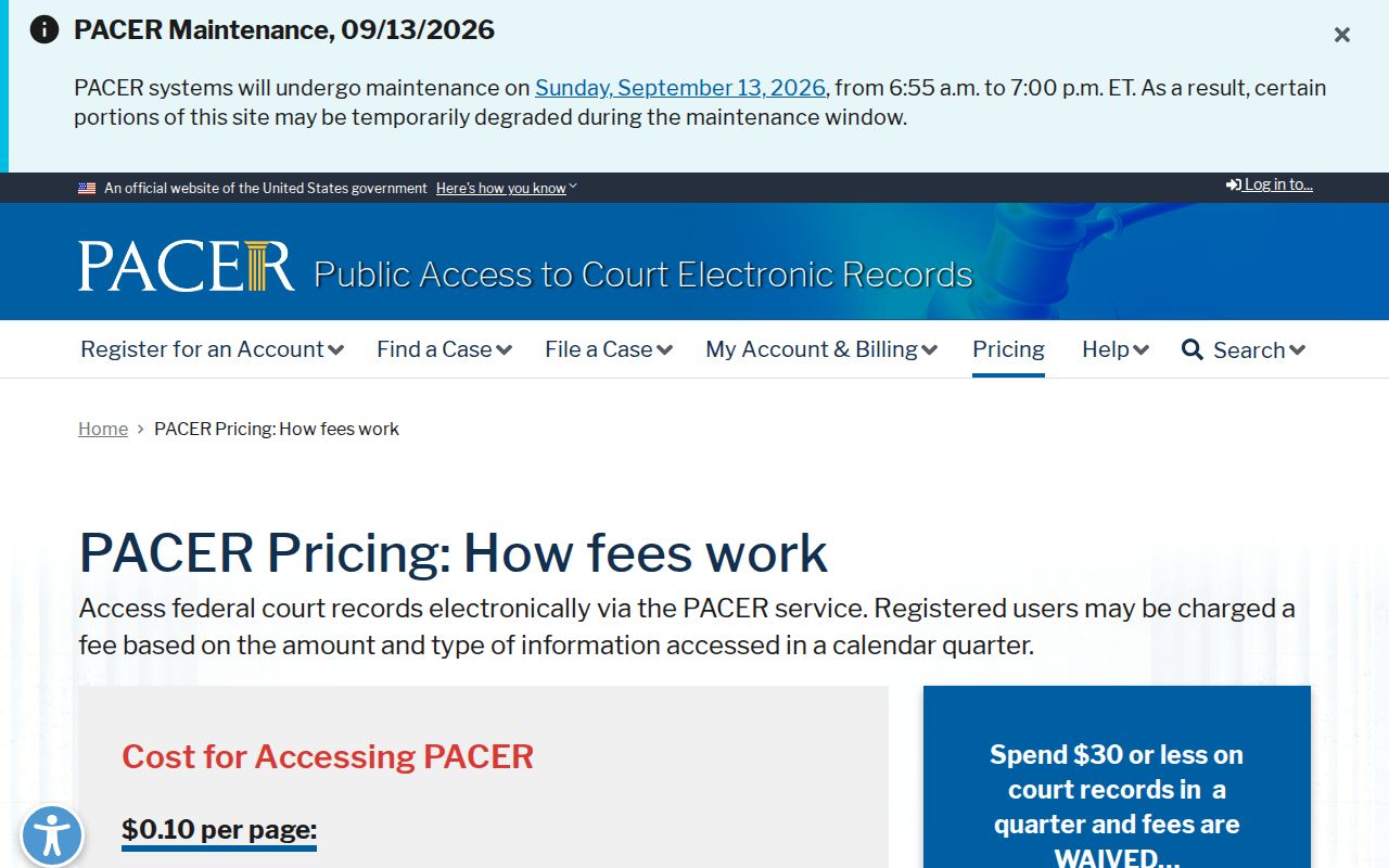 PACER pricing details for a federal warrant record search from Colbert County